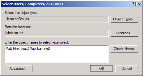 Nella finestra di dialogo Seleziona utenti, computer o gruppi digitare il nome utente dell'utente da aggiungere al progetto team, fare clic su Controlla nomi e quindi su OK.