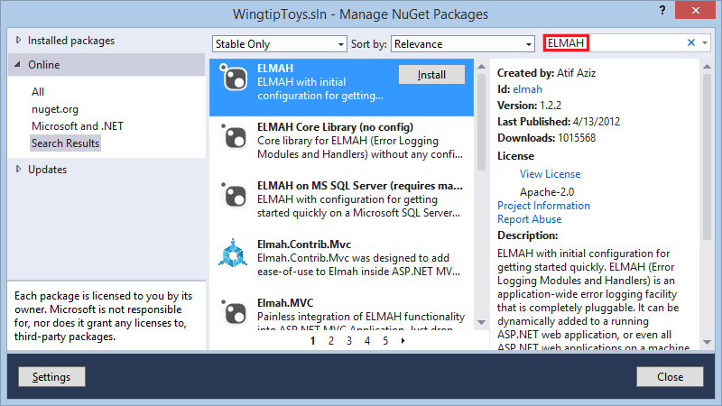 gestione degli errori ASP.NET - Pacchetto NuGet ELMA