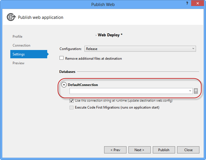 Stringa di connessione che punta a database SQL