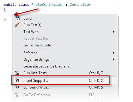 Fare clic con il pulsante destro del mouse su dove inserire il frammento di codice e selezionare Inserisci frammento