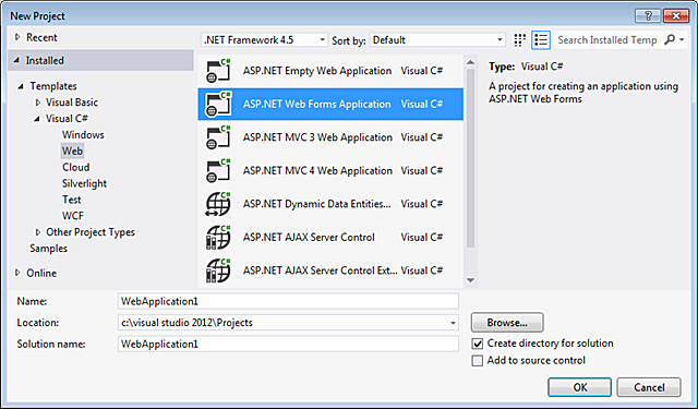 Nuova applicazione Web Forms