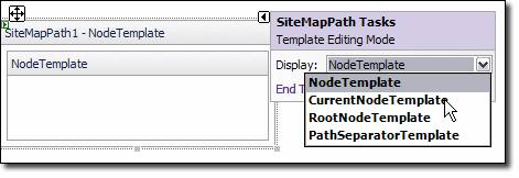 Screenshot del menu modalità di modifica del modello SiteMapControl. NodeTemplate è evidenziato.