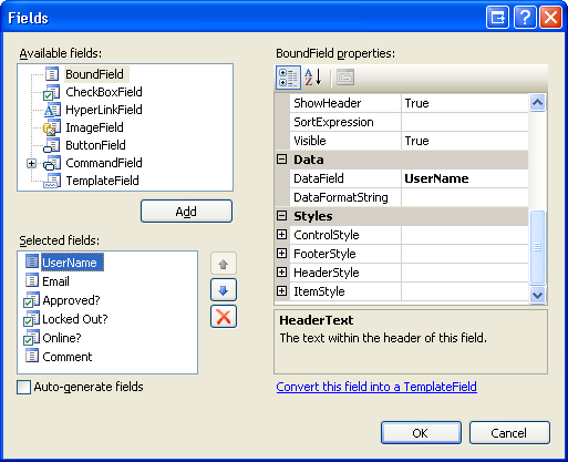 Aggiungere Three BoundFields e Three CheckBoxFields a GridView