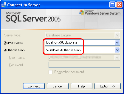 Connetti all'istanza di SQL Server 2005 Express Edition