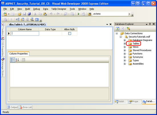 Aggiungere una nuova tabella al database SecurityTutorials