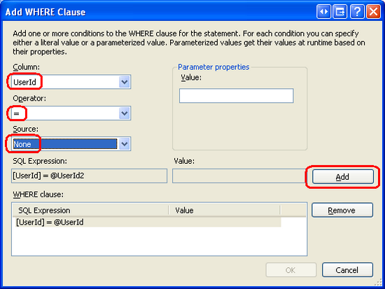 Aggiungere un parametro di filtro nella colonna UserId