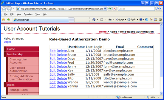 UserGrid GridView elenca informazioni su ogni utente nel sistema