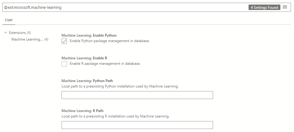 Impostazioni dell'estensione Machine Learning