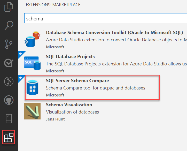 Screenshot dell'interfaccia utente grafica di Azure Data Studio, ricerca nel Marketplace.