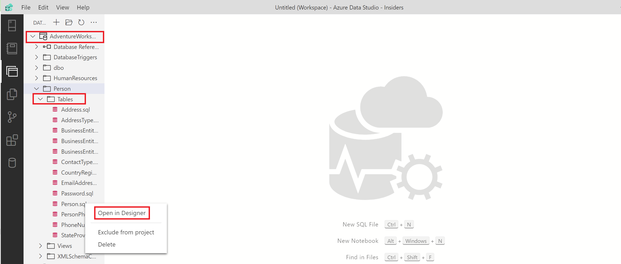 Screenshot di Azure Data Studio che mostra come aprire una tabella in modalità offline usando l'estensione progetti di database SQL.