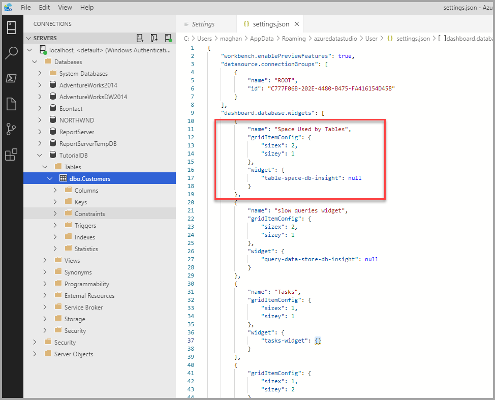 Screenshot del file settings.json con il primo oggetto della matrice dashboard.database.widgets.