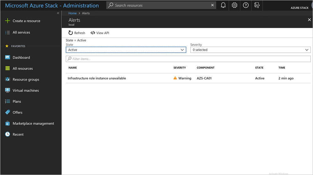 Riquadro filtro per filtrare in base allo stato critico o di avviso nel portale di amministrazione dell'hub di Azure Stack