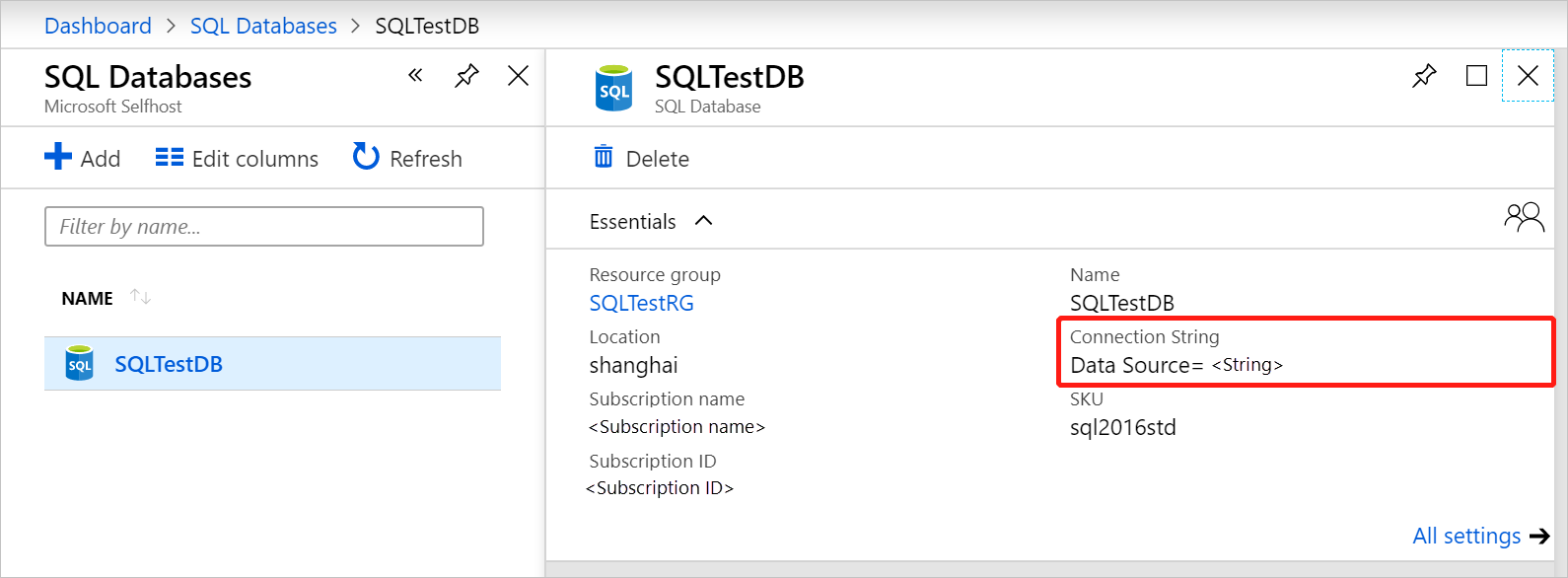 Recuperare la stringa di connessione per il database SQL Server