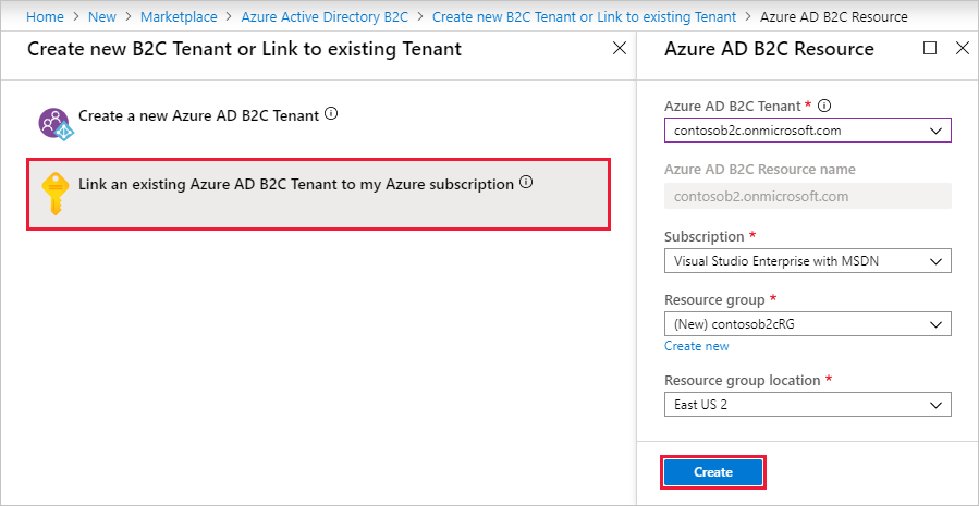 Pagina di creazione di risorse di Azure AD B2C in portale di Azure