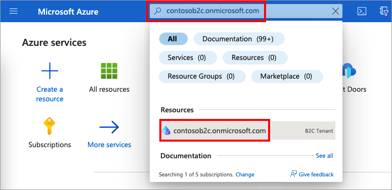 Screenshot che mostra come selezionare un tenant di Azure AD B2C in portale di Azure.