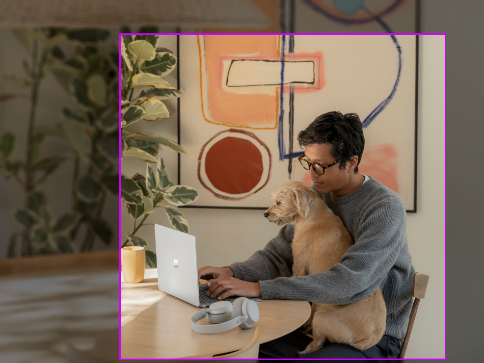 Foto di un uomo con un cane seduto a un tavolo. Viene disegnato un rettangolo di delimitazione con rapporto di 1,00.