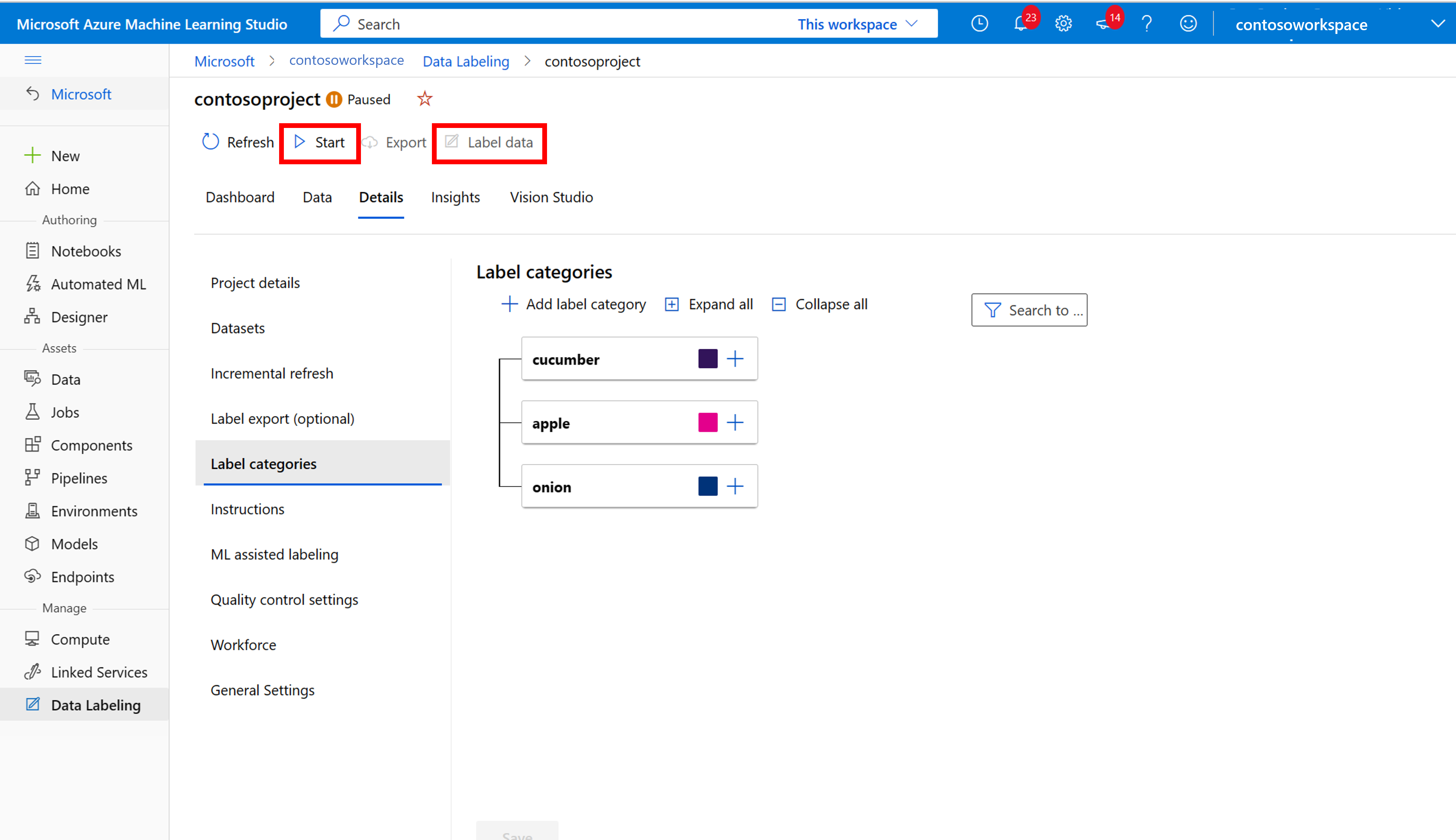 Screenshot che mostra il pulsante Start labeling data (Avvia etichettatura dei dati).