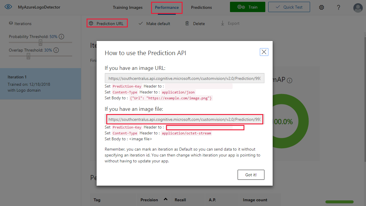 Sito Web di Visione personalizzata con una finestra dell'API Prediction che visualizza un indirizzo URL e una chiave API