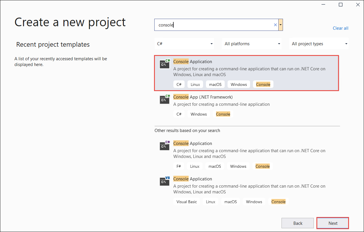 Screenshot della pagina Crea nuovo progetto di Visual Studio.