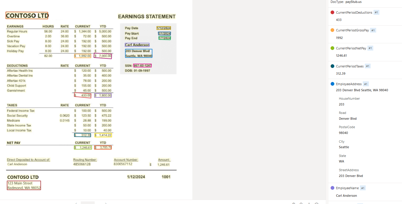 Screenshot dell'estrazione di modelli stub con pagamento in Document Intelligence Studio.