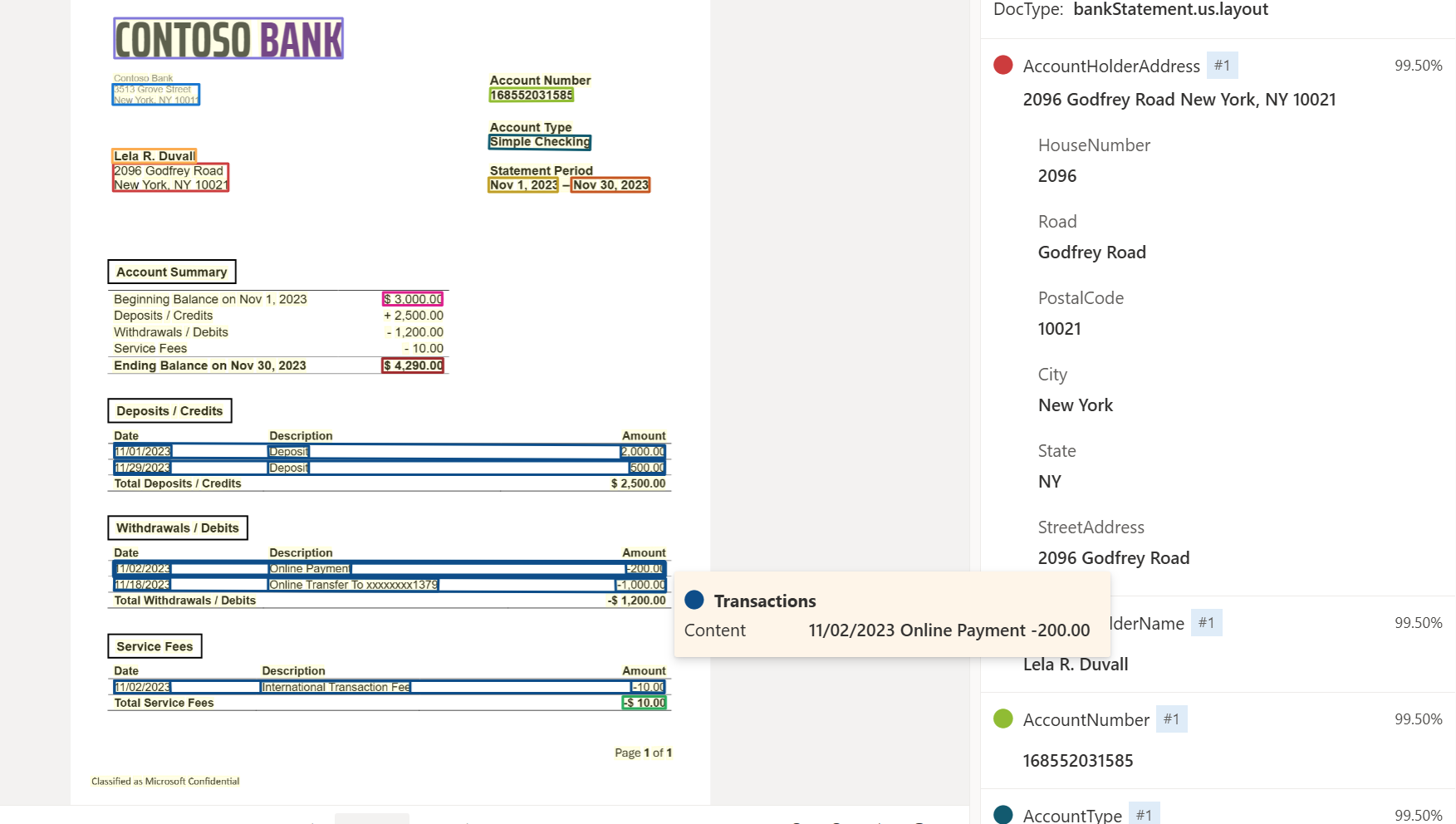 Screenshot dell'analisi del modello di rendiconto bancario con Document Intelligence Studio.