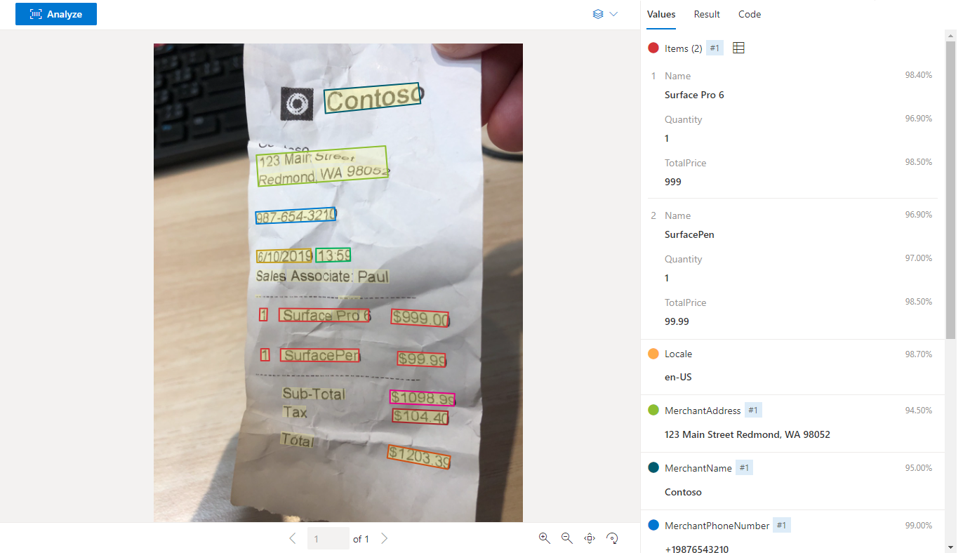 Screenshot di una ricevuta di esempio elaborata in Document Intelligence Studio.
