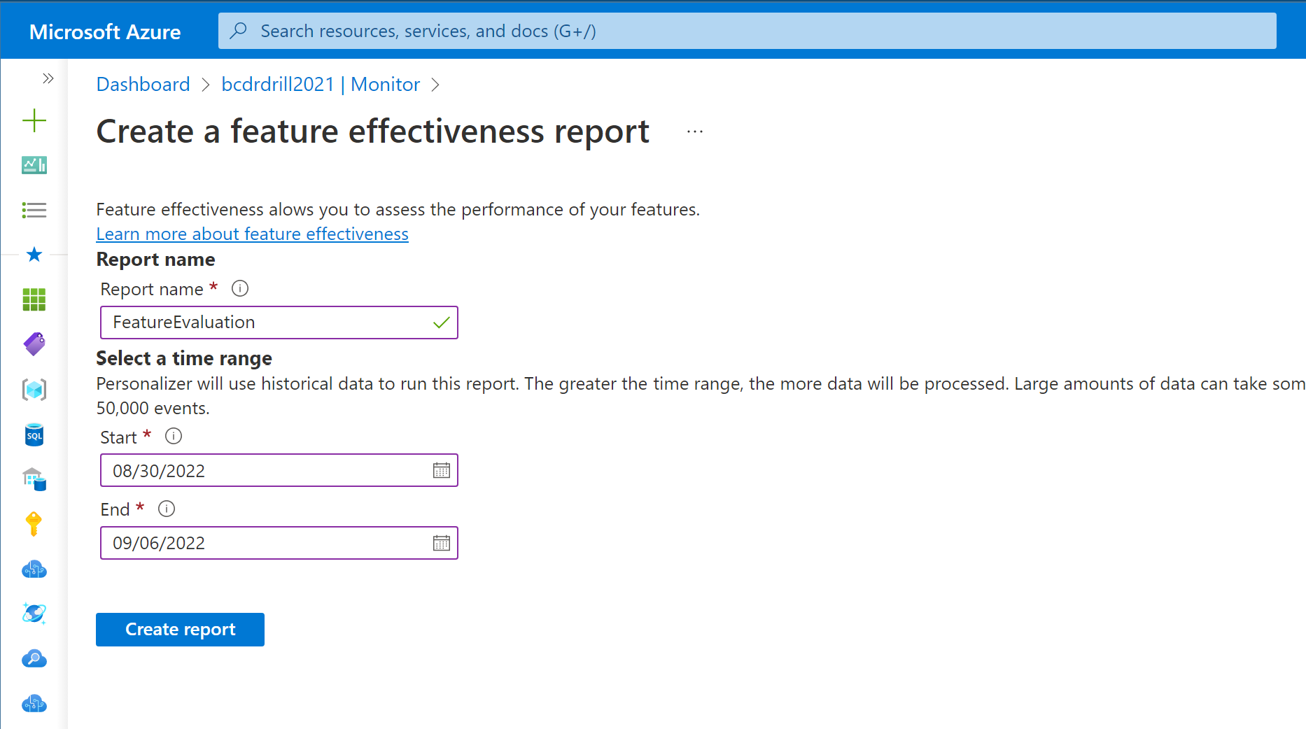 Screenshot che mostra la finestra di creazione e come compilare i campi per il report, inclusi il nome, la data di inizio e la data di fine.