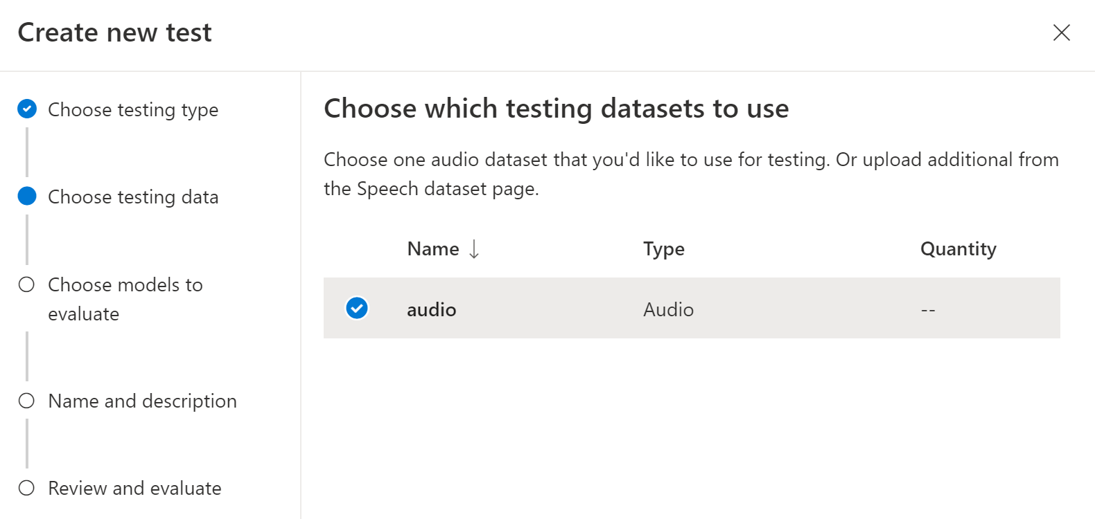 Screenshot della scelta di una finestra di dialogo del set di dati