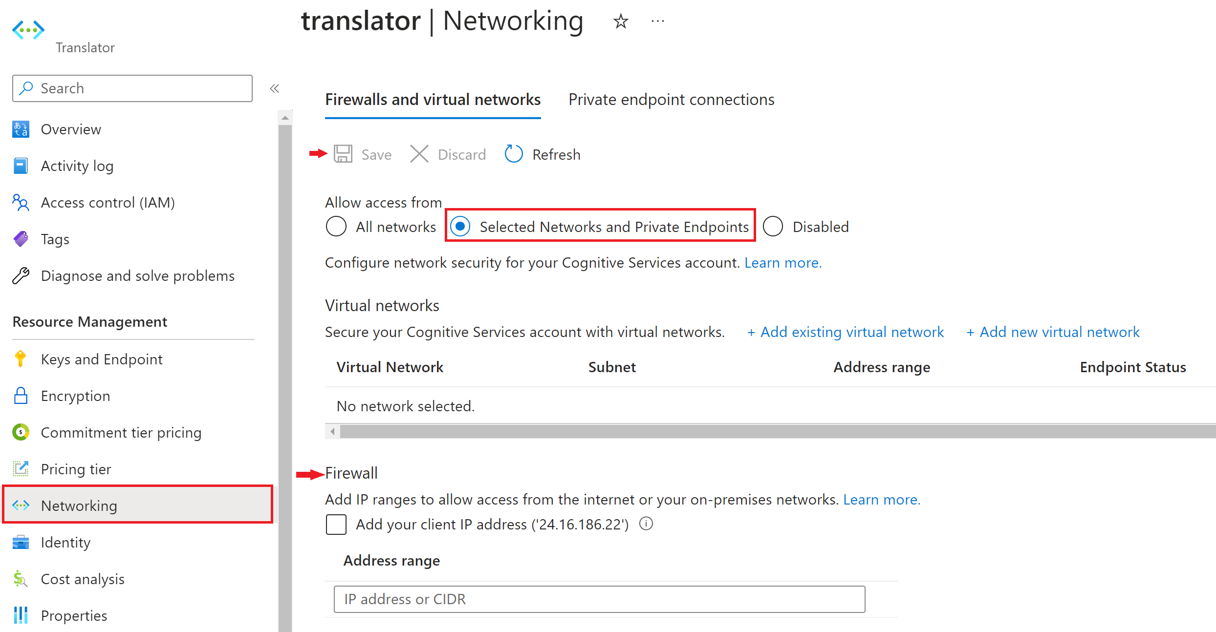 Screenshot dell’impostazione firewall nel portale di Azure.