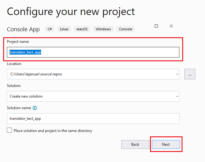 Screenshot della finestra di dialogo Configura nuovo progetto di Visual Studio.