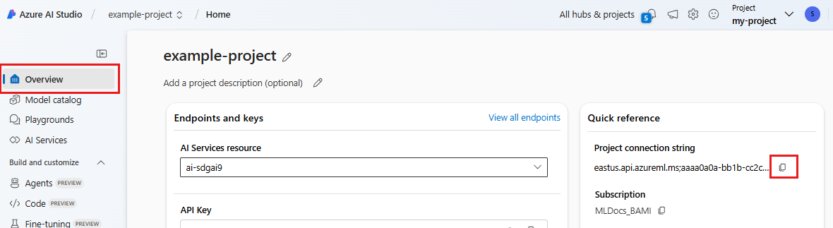 Screenshot che mostra la pagina di panoramica di un progetto e la posizione del stringa di connessione.