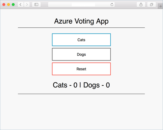 Screenshot della home page dell'applicazione Azure Voting App distribuita in un cluster Kubernetes in Azure.