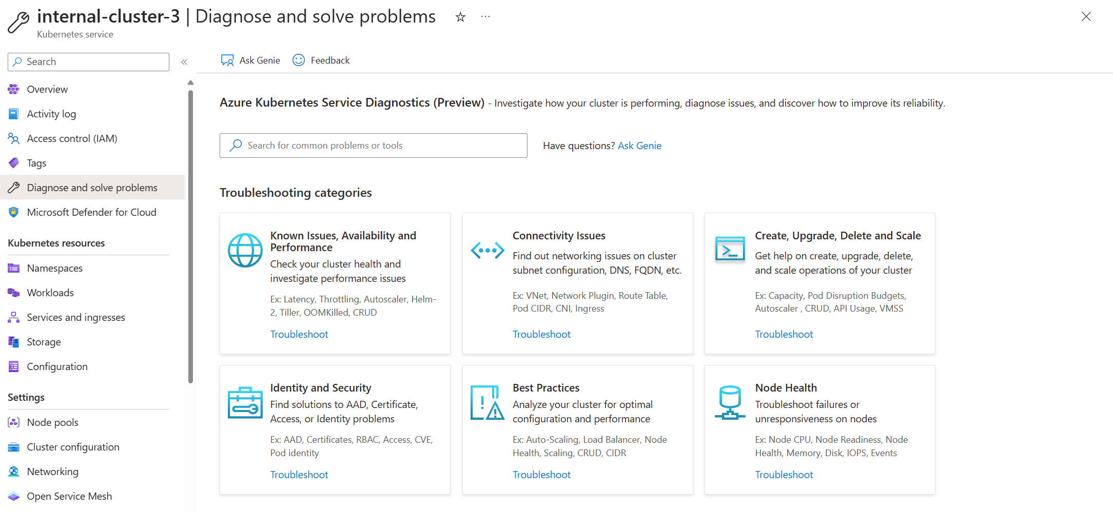 screenshot della Home page di Diagnostica e risoluzione dei problemi del servizio Azure Kubernetes.