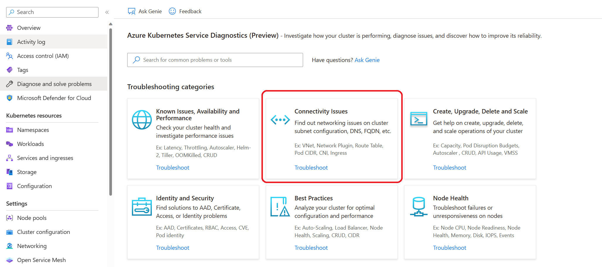 screenshot dei Risultati di Diagnostica e risoluzione dei problemi del servizio Azure Kubernetes - Riquadro rete.