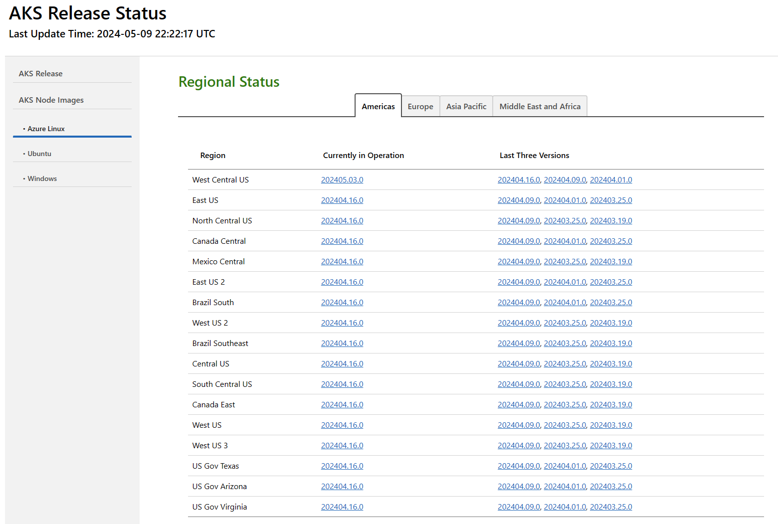 Screenshot della tabella di stato dell'immagine del nodo dello strumento di tracciamento delle versioni del servizio Azure Kubernetes visualizzata in un Web browser.