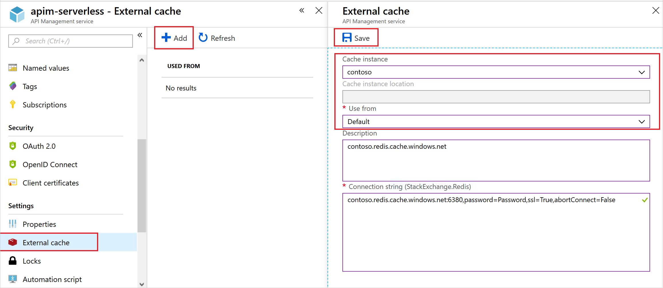 Screenshot che mostra come aggiungere una cache di Azure per Redis esterna in Gestione API di Azure.