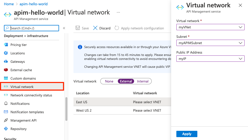 Impostazioni della rete virtuale nel portale.