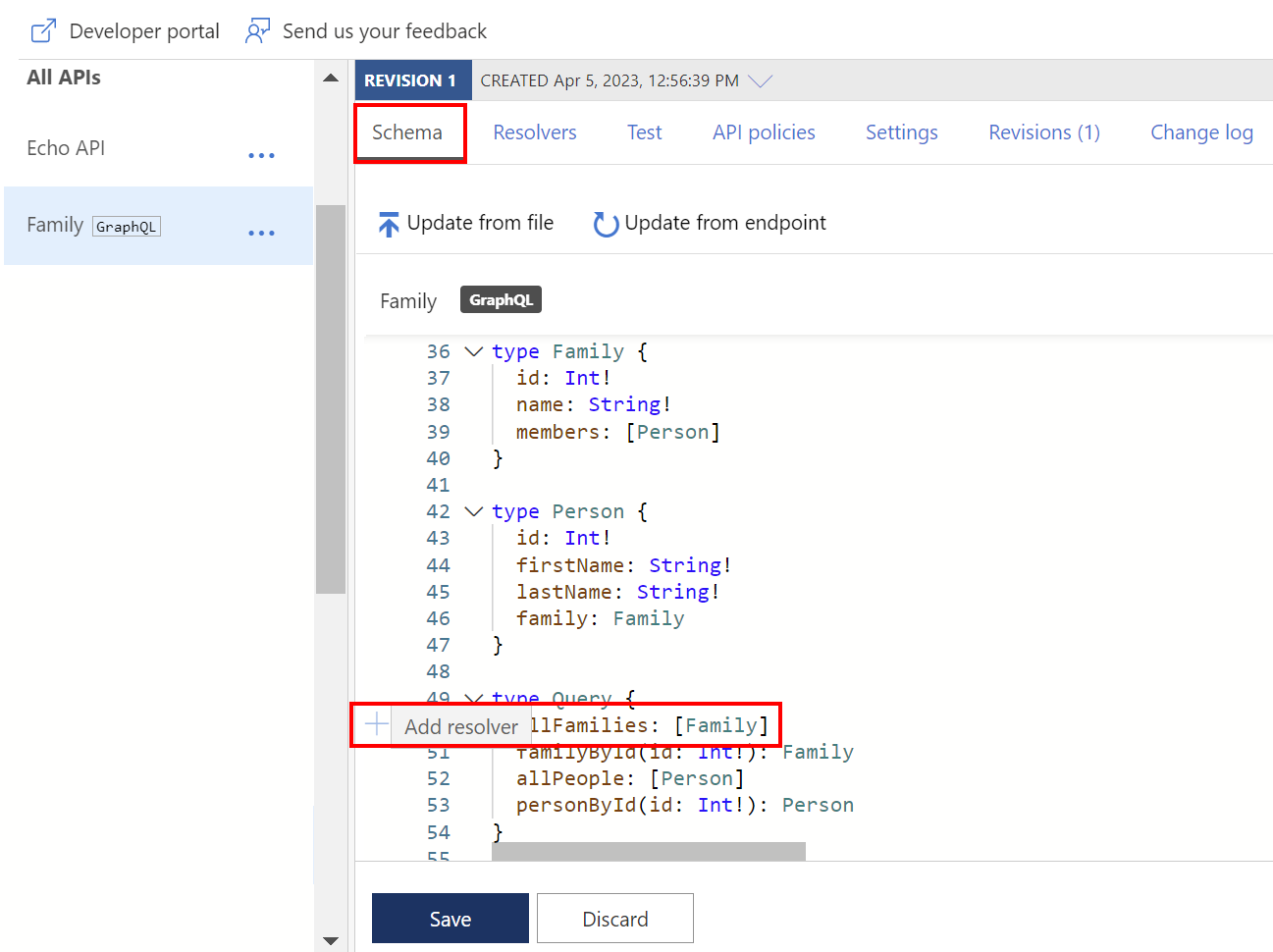 Screenshot dell'aggiunta di un sistema di risoluzione da un campo nello schema GraphQL nel portale.