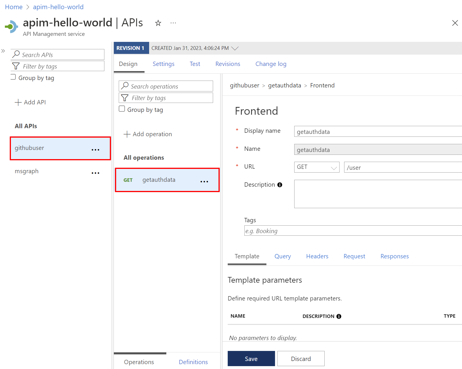 Screenshot dell'aggiunta di un'operazione getauthdata all'API nel portale.