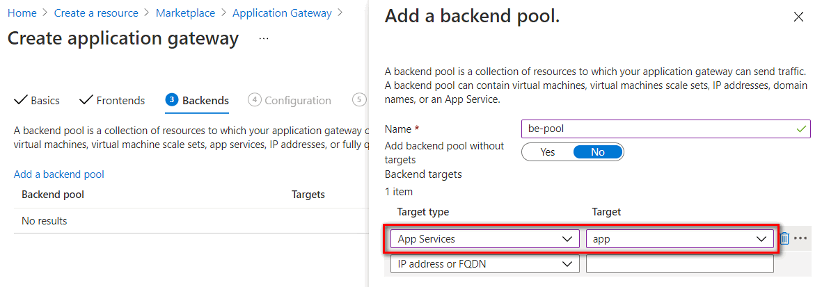 Screenshot dell'aggiunta di un nome del pool back-end nell'impostazione back-end.