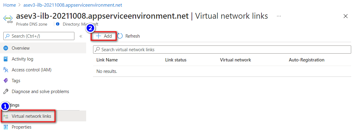 Aggiungere un collegamento di rete virtuale alla zona DNS privata.