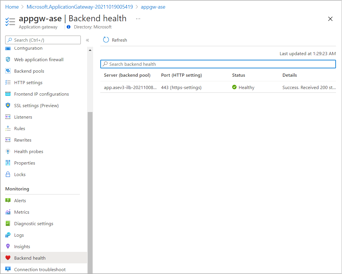 Screenshot di conferma dello stato di integrità back-end dall'integrità back-end.