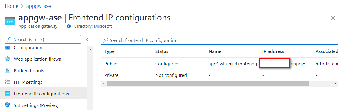 L'indirizzo IP front-end del gateway applicazione è disponibile nella configurazione IP front-end.