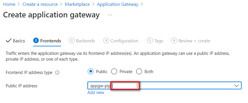 Screenshot del recupero di un indirizzo IP pubblico dall'impostazione front-end del gateway applicazione.