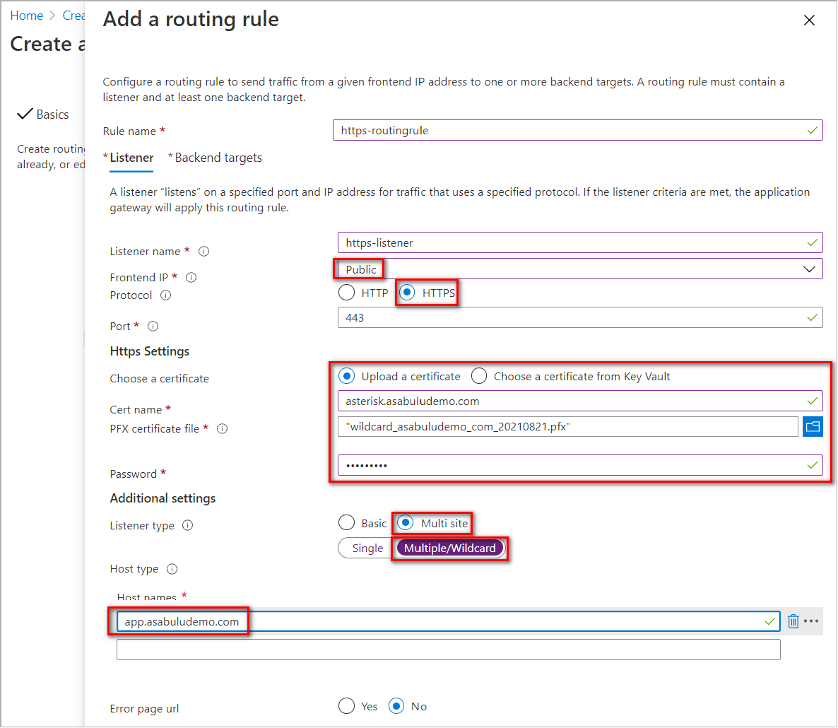 Listener HTTPS della regola di routing del gateway applicazione.