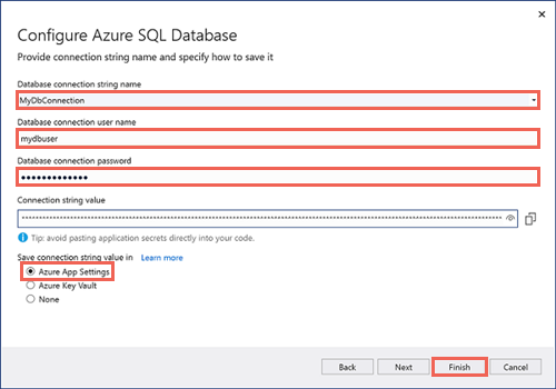 Configurare la stringa di connessione del database