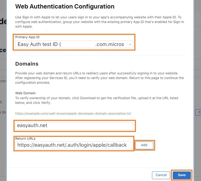 Specifica del dominio e dell'URL restituito per la registrazione