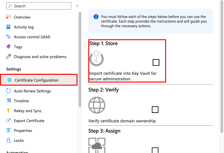 Screenshot del riquadro Configurazione certificato con 'Passaggio 1: archiviazione' selezionato.