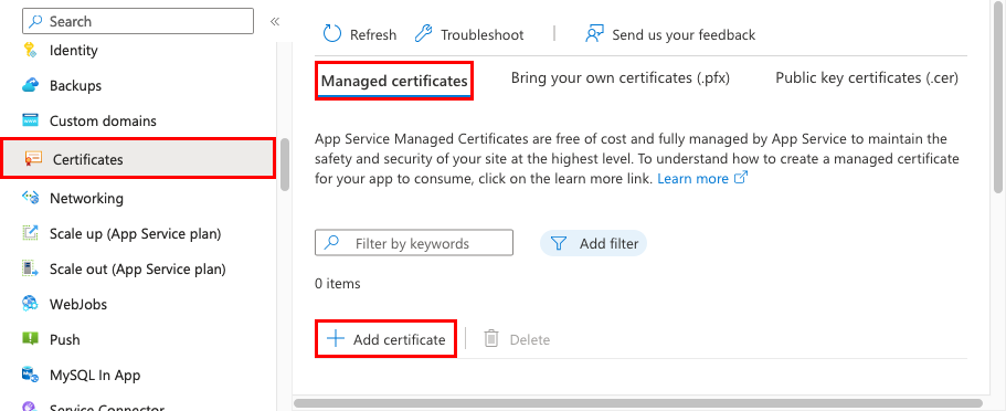 Screenshot del menu dell'app con le opzioni 'Certificati', 'Certificati gestiti' e 'Aggiungi certificato' selezionate.