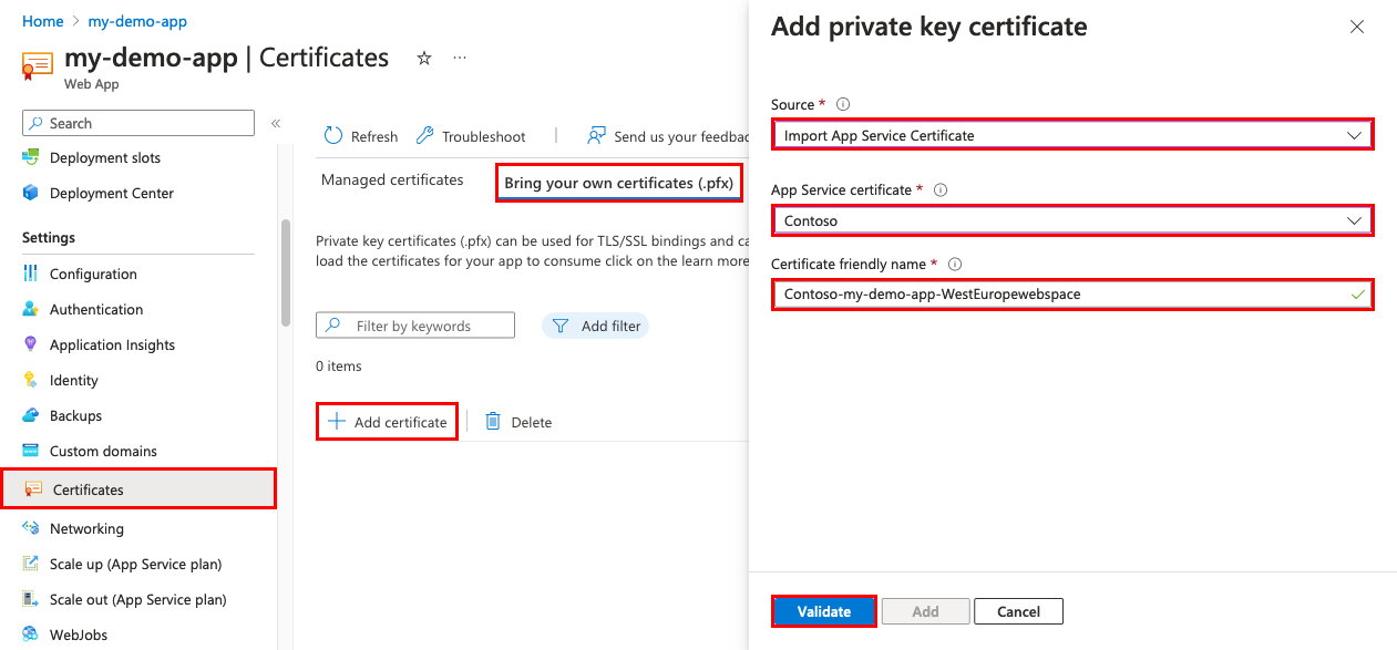 Screenshot della pagina di gestione app con le opzioni 'Certificati', 'Bring Your Own Certificate (.pfx)' e 'Importa il certificato del servizio app' selezionate e la pagina 'Aggiungi certificato a chiave privata' con il pulsante **Convalida**.